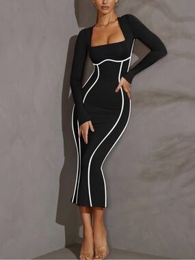 Long Sleeve Black Bodycon Midi Dress with Contrast Piping NWOT